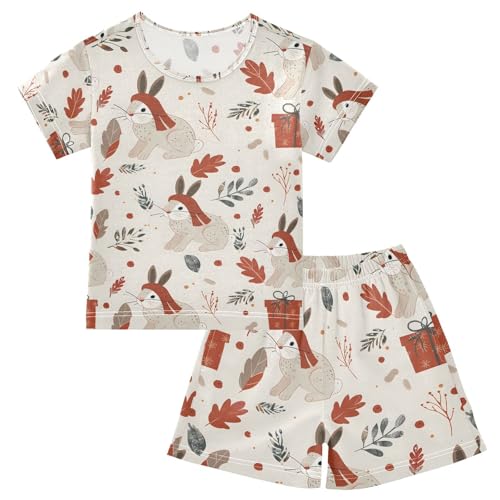 ALAZA Winte Rabbit Leaf Polka Dot Pajamas Set Short Sleeve Cotton Sleepwear Summer Pjs 2 Piece 5-14Y