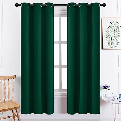 Yakamok Dark Green Blackout Curtains for Bedroom, Room Darkening Thermal Insulated Grommet Window Curtains, Light Blocking Blackout Drapes for Living Room, 38Wx72L inch,2 Panels