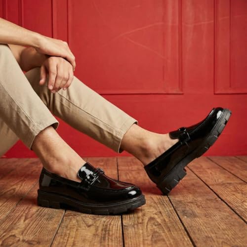 Image of Men's Premium Glossy Black Chunky Sole Loafers with Metal Accent | Fashion Slip-On Formal Casual Shoes