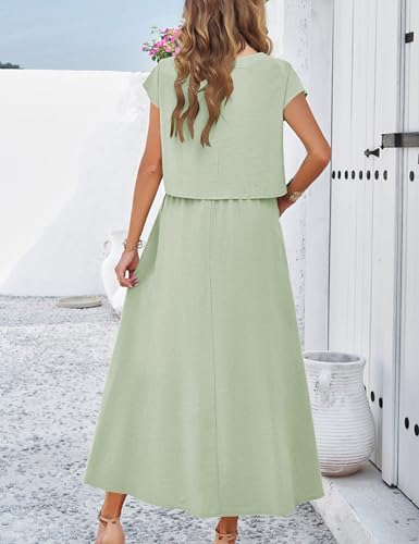 Image of HangNiFang Summer Skirt Sets Women 2 Piece Outfits Cap Sleeve Top Elastic Waist Maxi Dress Sets with Pockets