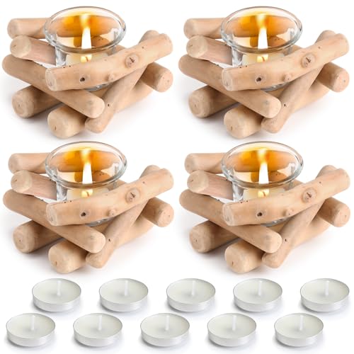 Mumufy 4 Pack Wooden Tea Light Candle Holder with Glass