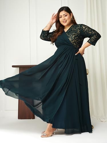 Image of Miss Chase A+ Women's Floral Printed Relaxed Fit V -Neck 3 /4Th Sleeve Georgette Maxi Dress