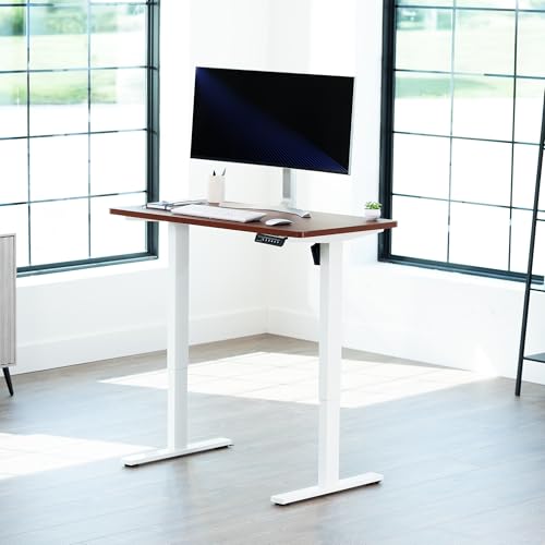 Image of VIVO Electric 43 x 24 in Standing Desk, Memory Height Adjustment, 1B Series, Holds 220 lbs, One-Piece Dark Walnut Top, White Frame, DESK-KIT-1W4D
