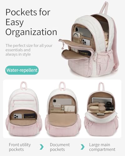 Image of Bookbag for Women, Teen Girls Backpack for High School College Student, Puffer Quilted Back Pack Cute Laptop Backpack for Work Travel Mom Casual Daypack, Beige Pink
