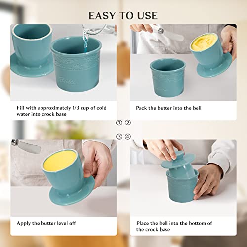 Taounoa Butter Dish With Lid For Countertop - Ceramic Butter Keeper With Stainless Steel Knife, French Butter Crock With Water Line Butter Holder For Counter, Light Blue #TOP2