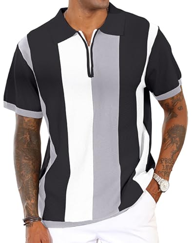 Men's Fashion Polo Shirts Vintage Striped Knitting Shirts Casual Slim Fit Golf Shirts Grey M