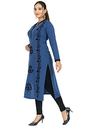 Image of Rosary Women's Winter Wear Embroidered Warm Woolen Straight Full Sleeve Kurti with Pockets Airforce Blue