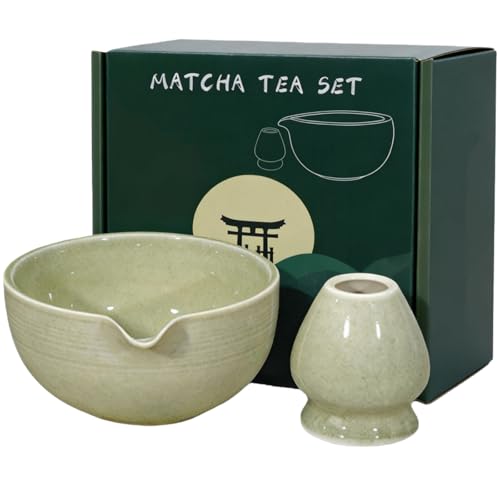 TourKing 560ml/19.71oz Matcha Bowl Set, Matcha Whisk Holder, Matcha Kit, Japanese Tea Set Includes Matcha Bowl with Spout, Tea Green Glaze Ceramic Matcha Kit for Matcha Lovers