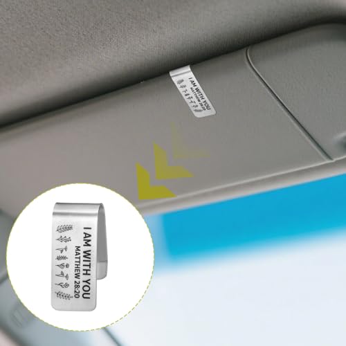 Image of Engraved Stainless Steel Car Visor Clip, Religious Visor Clip with I Am with You Printed Matthew 28 20 Sign for Women Men New Friends Family Driver Gifts