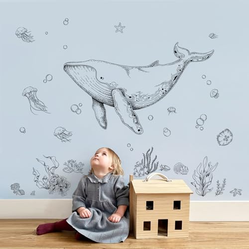 Ocean Whale Wall Decals, Ocean Animal Fish Seaweed Grass Jellyfish Wall Sticker Peel and Stick Under The Sea Art Decor for Boy Girls Kids Baby Nursery...