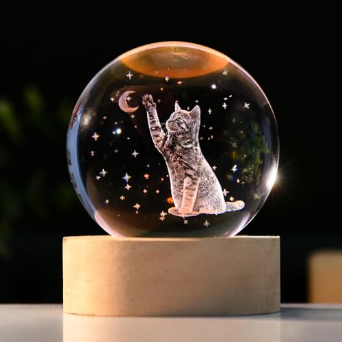 IFOLAINA 3D Cat Crystal Ball with Wooden Base for Cat Lovers