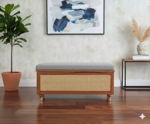 Image of MISAN Storage Boston Rattan Storage Trunk Box - Stylish & Practical Brown Wooden Chest for Home Organization | Versatile Storage Solution with Elegant Woven Design (A-Hony)