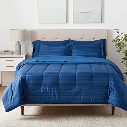 Amazon Basics Full/Queen Comforter Set with Sheets, 7-Piece Blue Calvin Striped Bedding, Lightweight Microfiber Bed-in-a-Bag by Amazon Basics - Used condition - US$32.62