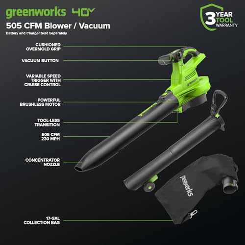 Image of Greenworks 40V (230 MPH / 505 CFM) Cordless Brushless Leaf Blower /Vacuum with Bag, High Power, Lightweight & Quiet for Yard Debris Cleanup, Battery and Charger not included