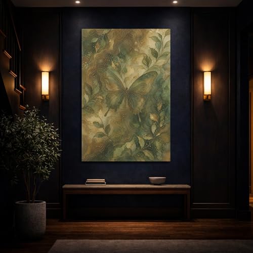 Toile papillon vert et or premium grand format vertical 3cm - 4