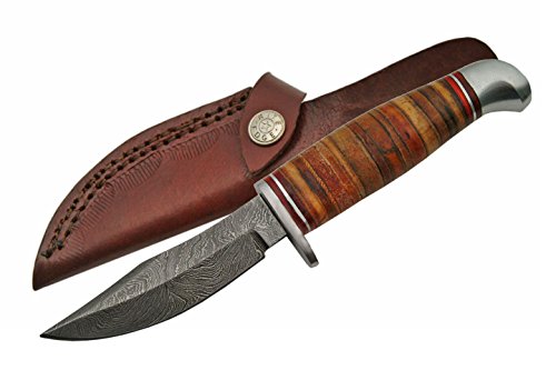 SZCO Damascus full tang skinning knife with leather handle