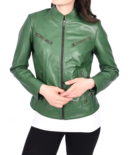 Veste en cuir femme vert oiseau blouson moto zippé taille 40
