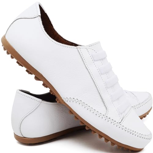 Sapato Mocassim Mocatenis Feminino Em Couro Legítimo (Branco, BR, Adulto, Numérico, 37)