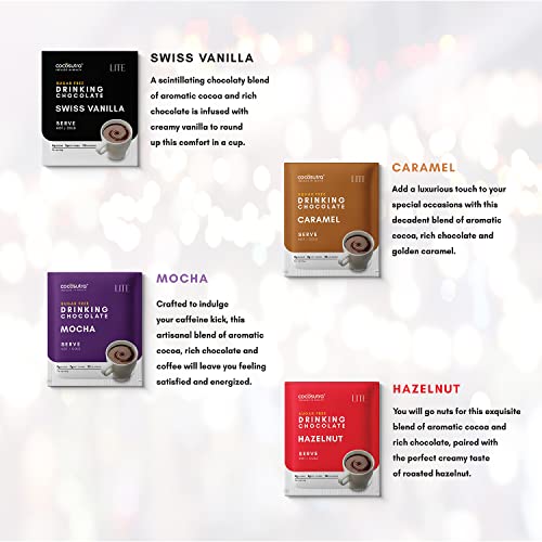 Image of COCOSUTRA Sugar Free Drinking Chocolate Hamper | Travel Friendly | 4*5 Single Serve Sachets | 4 Hot Chocolate Flavors | Zero Sugar, Low Carb, Low Calorie | Stevia & Erythritol based | Gift Pack | Gluten Free & Vegan | Enjoy Hot or Cold | 400g