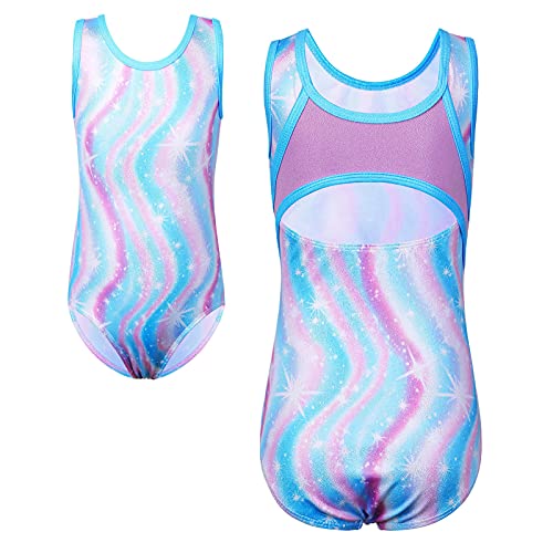 HUAANIUE Filles Enfants Justaucorps Gymnastique Leotards Costume de Danse Sans Manches 3-14 Ans (B247-Vague Bleue, 9-10 Ans) Cover