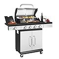 4-Burner Propane Gas Grill with Side Burner & Porcelain-Enameled Cast Iron Grate, 760 SQ.IN Cooking Area, Stainless Steel Grill with 48000 BTU, for Outdoor Garden Cooking Barbecue Grill, Black