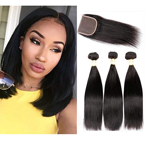 Brazilian Straight Hair 3 Bundles With Lace Closure 100% Unprocessed Virgin Human Hair Weave Extensions Natural Color by Goldfinch (12" 14" 16" weft + 10"closure)