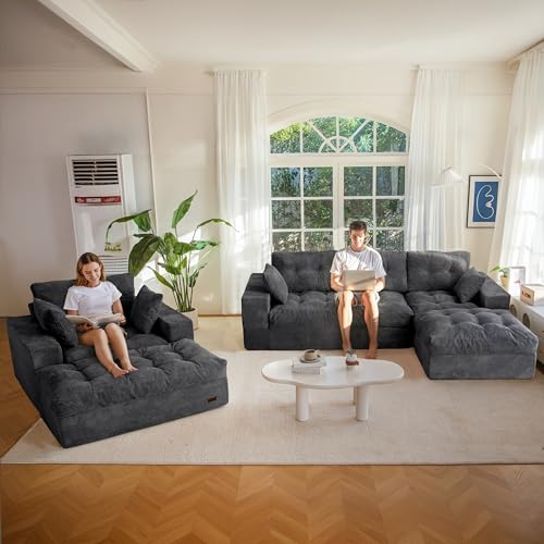 Image of MAXYOYO Sectional Sofa Couch and Chaise Lounge, L Shaped Modern Cloud Couch with Ottoman, Comfy Sofa with Layered Cushion, Tufted Upholstered Sleeper Chair for Living Room, No Assembly Required, Grey