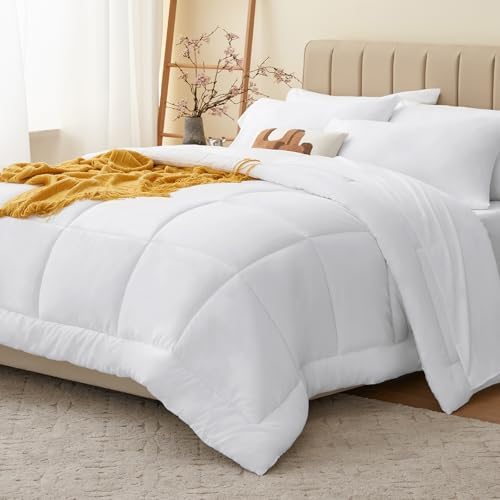 CozyLux Queen Comforter Set White, 7 Pieces Bed in a Bag, White C...