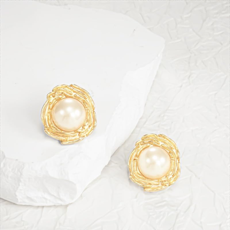 Pearl Stud Earrings for Women, Faux Large Gold Pearl Earrings Studs, Dainty White Big Pearl Earrings Pearl Statement Earrings Gold Studs - Image 3