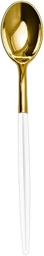 Trendables Paquete de 120 cucharas de plástico resistente de dos tonos, impresionante cuchara de plástico desechable de doble color blanco y dorado,