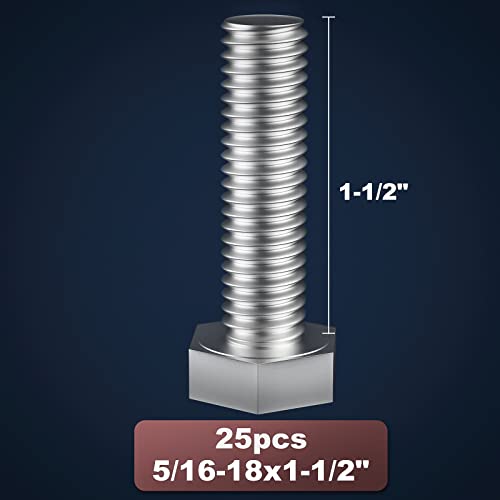 Image of 5 /16-18 x 1-1 /2 inch (1 /2 to 6 inch Optional) Hex Head Screw Bolt, Stainless Steel 18-8(304), Fully Threaded,25pcs