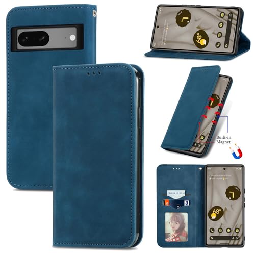 Étui compatible Google Pixel 7 Pro bleu portefeuille cuir rabat magnétique protection intégrale