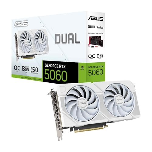 ASUS Dual GeForce RTX™ 5060 8GB GDDR7 White Edition (PCIe 5.0, 8GB GDDR7, DLSS 4, HDMI 2.1b, DisplayPort 2.1b, 2.5-Slot, Axial-tech Fan Design, 0dB Technology, Dual BIOS and More)