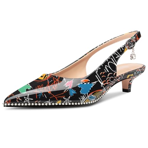 Image of TNYNFBEB Womens Low Kitten Heel Close Pointed Toe Pumps Slingback Silver Beaded Buckle Prom Party Dress Patent Leather 1.4 Inches Heels