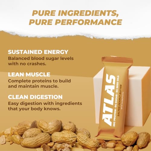 Image of Atlas Real Food Protein Bar - 20g Protein, 11g Fiber, 1g Sugar, No Seed Oils, No Artificial Sweeteners (Salted Peanut Butter, 60 Count)