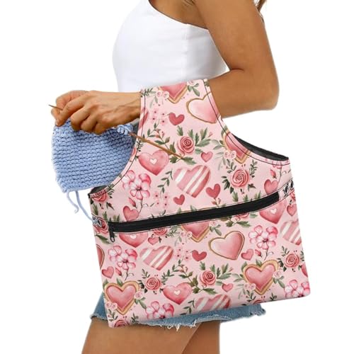 Image of KUIFORTI Pink Rose Knitting Tote Bag Love Heart Travel Knitting Yarn Storage Bag Organizer for Valentines Day Lightweight for Holding Yarn Crochet Needles, Knitting and Crochet Supplies