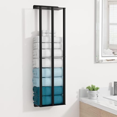 Image of Susswiff Towel Racks for Bathroom 31 Inch - Wall Mounted, Solid 2 Metal Shelves and 3 Vertical Bars, Can Holds 6 Large Rolled Bath Towels - for Modern Decor Bathroom Towel Storage (Matte Black)