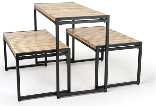 Displays2Go Rustic Nesting Display Tables – Set Of 3 Slatted Pine Wood Merchandising Stands With Black Metal Frame, Natural Finish (Smwmpnlt3S)
