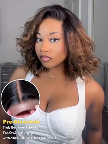 Image of Sunber Ombre Chestnut Brown Light Yaki Straight Bob Human Hair Wigs Pre Everything Pre Cut 13x4 HD Lace Front Glueless Bob Wig Put On and Go Brown Yaki Bob Wig Pre Bleached Invisible Knots 12Inch