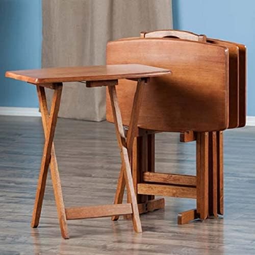 Contemporary Home Living Set of 5 Teak Brown Wooden Snack Tables with Storage Stand, 25.50”
