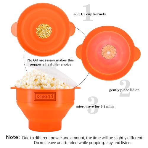 Image of The Original Korcci Microwaveable Silicone Popcorn Popper, Microwave Popcorn Popper, Collapsible Microwave Popcorn Maker Bowl, No Oil Required, Use In Microwave, Dishwasher Safe (Orange) (Pack of 2)