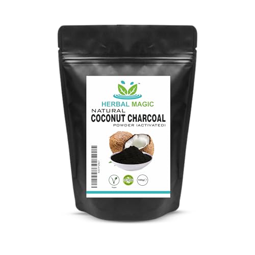 Herbal Magic Activated Coconut Charcoal Powder Food Grade Quality Excellent Detoxifying Cleansing Properties Naturally Supports Skin Body Care & Oral Care UKAS LAB Tested in THE UK-100g
