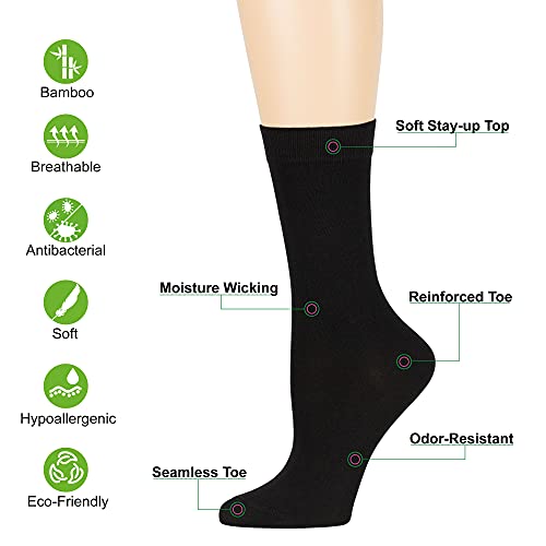 7Bigstars Kingdom Women's Bamboo Dress Socks - 4 Pack Medium - Thin Solid Casual Crew Calf - Sock Size 9-11 Shoe Size 5-9 M Black #TOP1