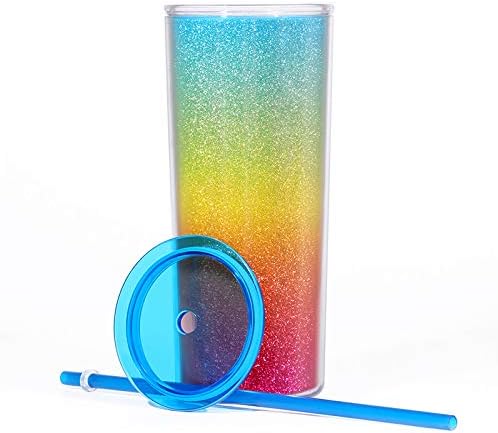 Home Tune Rainbow Tumbler with Straw, Sand Flow Glitter Double Wall Acrylic Cup Tumbler, 21 oz / 640ml (Blue) - Image 3