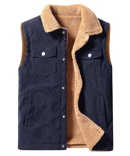 Oralidera Gilet sans Manches en Velours Côtelé pour Homme Gilet d'hiver Doublé en Polaire Chaud Gilets Rembourré avec Poches, Bleu, XL