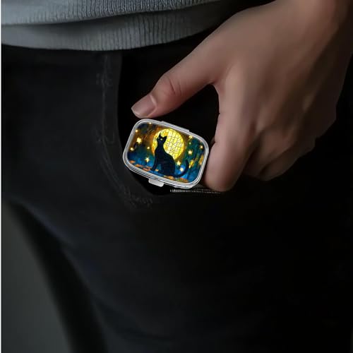 Image of Pill Box-2 Compartment Small Pill Case Portable for Pocket & Purse Single Pill Carrier Pill Container to Hold Vitamins Medication Fish Oil and Supplements BPA-Free(Moon Cat)
