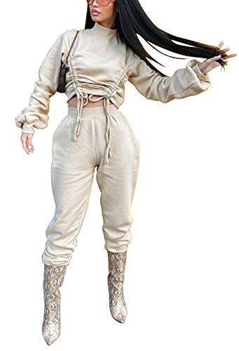 Jogging Suits for Women Sweatsuits Sets 2 Piece - Long Puff Sleeve Drawstring Sweatshirt Crop Top + Sweatpants Bodycon Long Pants Tracksuit Fall Outfits Workout Sets Beige, XXX-Large