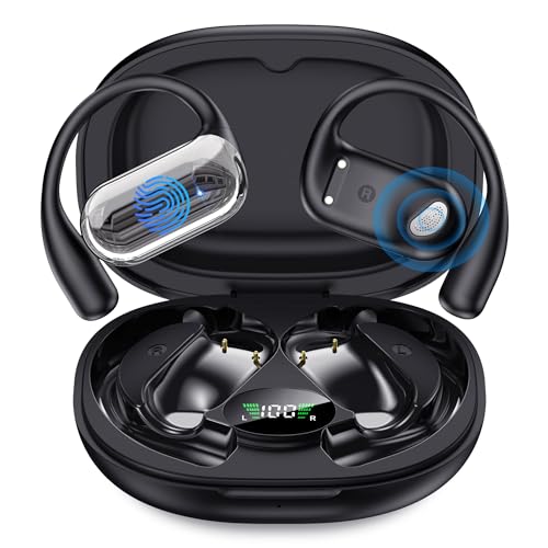 EUQQ Open Ear Bluetooth 5.4 Earbuds, Wireless Headphones Sport Over Earphones Built-in Mic with Ear Hooks, 50H Playtime Ear Buds Fast Charging, IPX7 Waterproof for Running/Workout, Black