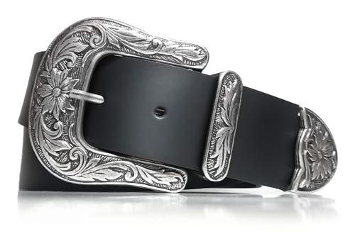 almela - Cinturón mujer y hombre Cowboy - Piel legitima - Moda Vintage - Cuero - 4 cm de ancho - Country - Retro - 40mm - Western - Cowgirl - Leather Cowboy Belt - Negro, 85