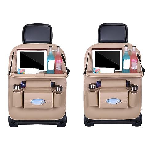 Car Seat Back Organizer with Foldable Table Tray PU Leather Storage Organizer with Pockets Kick Mats Seat Protectors Interior Accessories For Men Women Travel 2PCS Beige